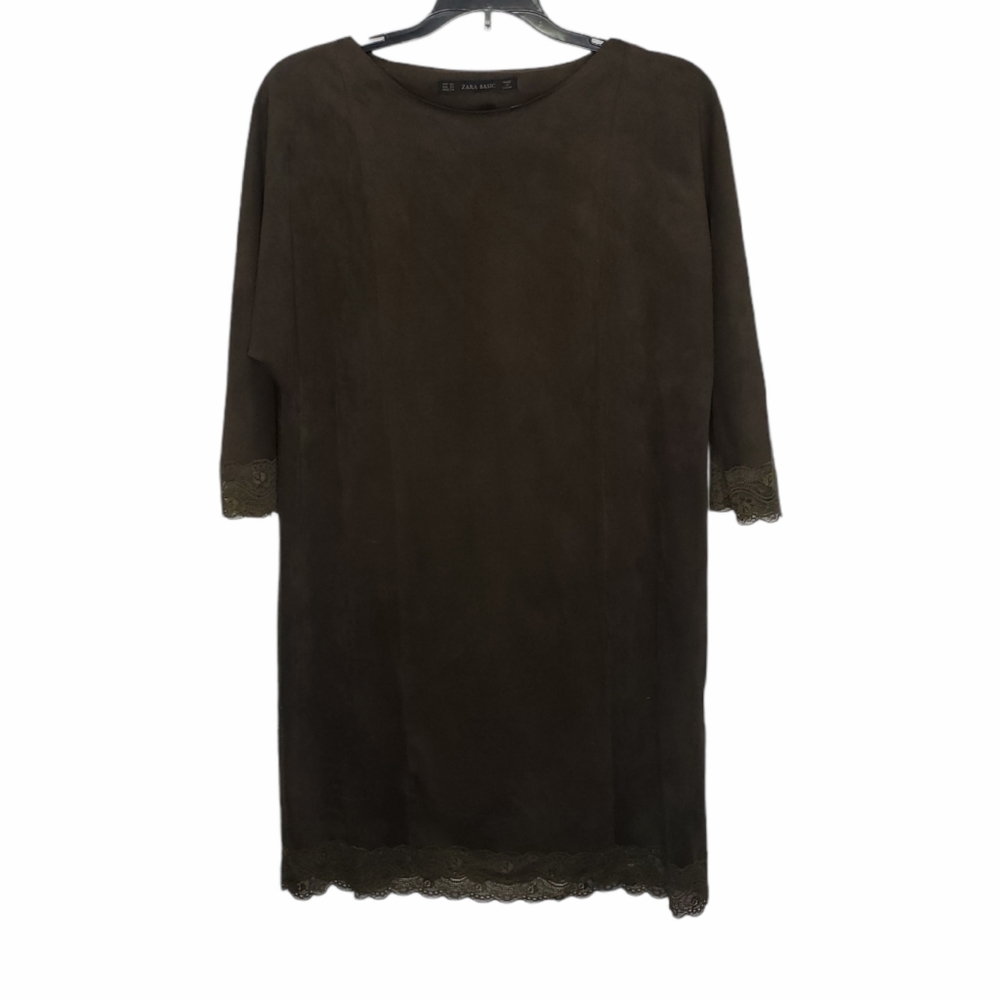 ZARA basic khaki faux suede mini dress with lace trim XS